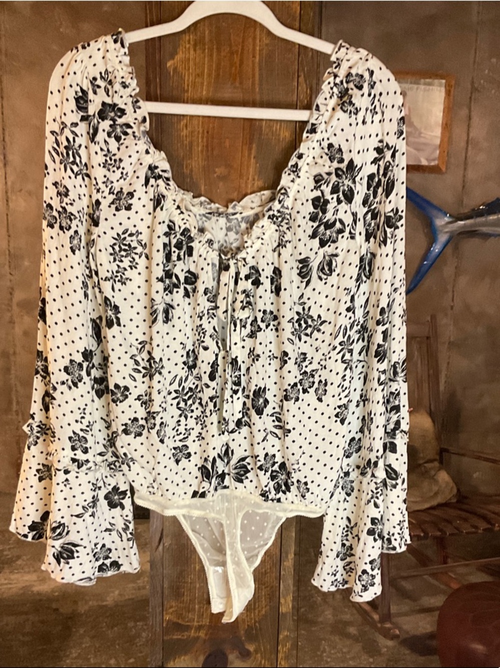 White Floral-Print Peasant Blouse with Tie Neck